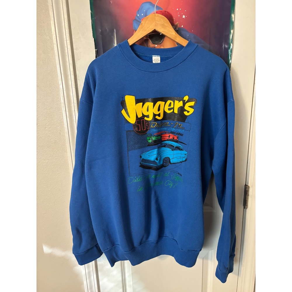 Vintage Jiggers 50s Drive-In Bessemer City NC Blue Graphic Sweatshirt 2XL USA